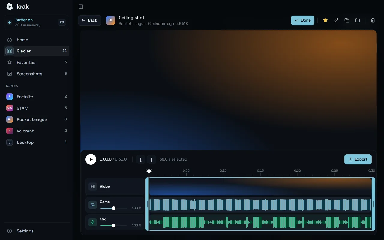 Krak · Editor: Trim, set the game and mic volume separately, export.