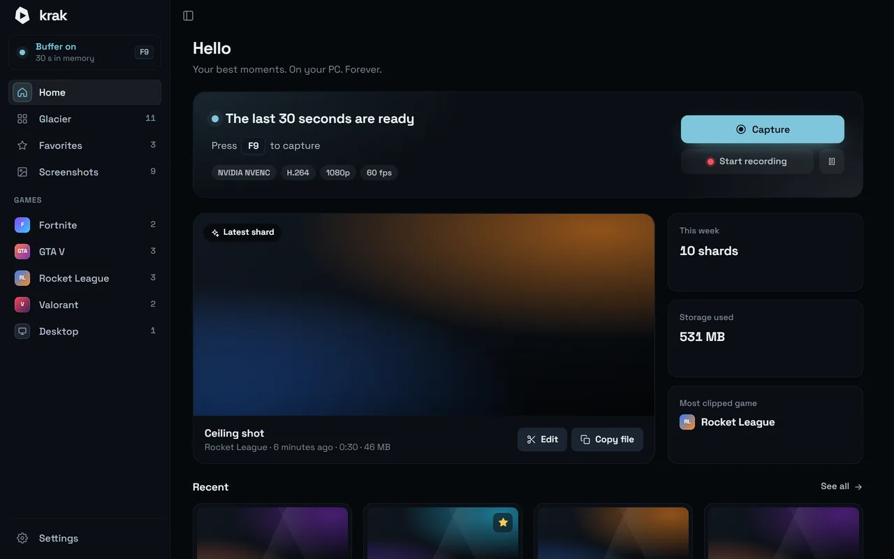 Krak · Home: The buffer is running, your latest shards are one click away.