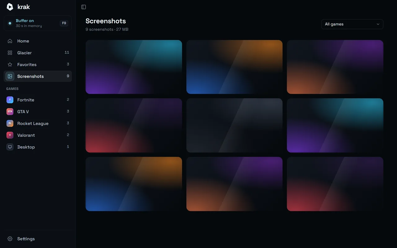 Krak · Screenshots: Full-resolution PNG screenshots, with their own page.