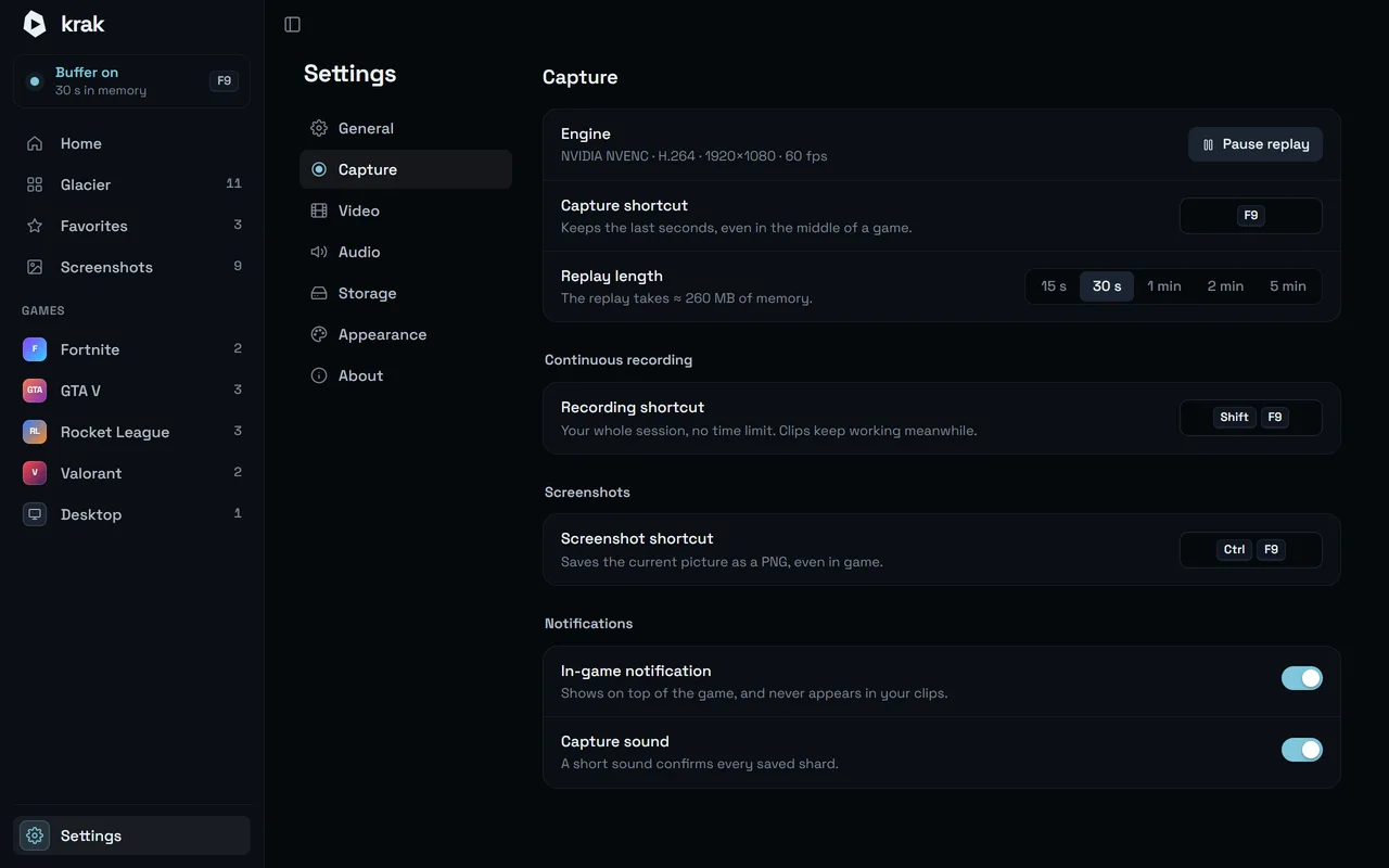 Krak · Settings: Quality, hotkeys, sound: everything is clear.