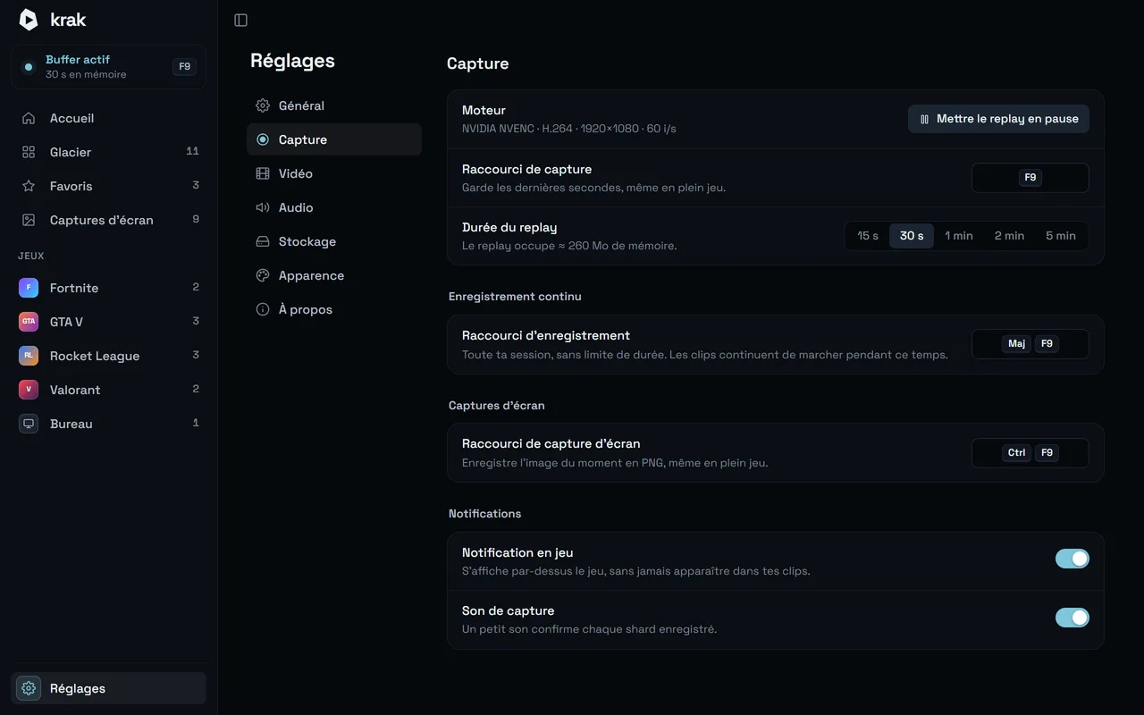 Krak · Réglages: Qualité, raccourcis, son : tout est clair.